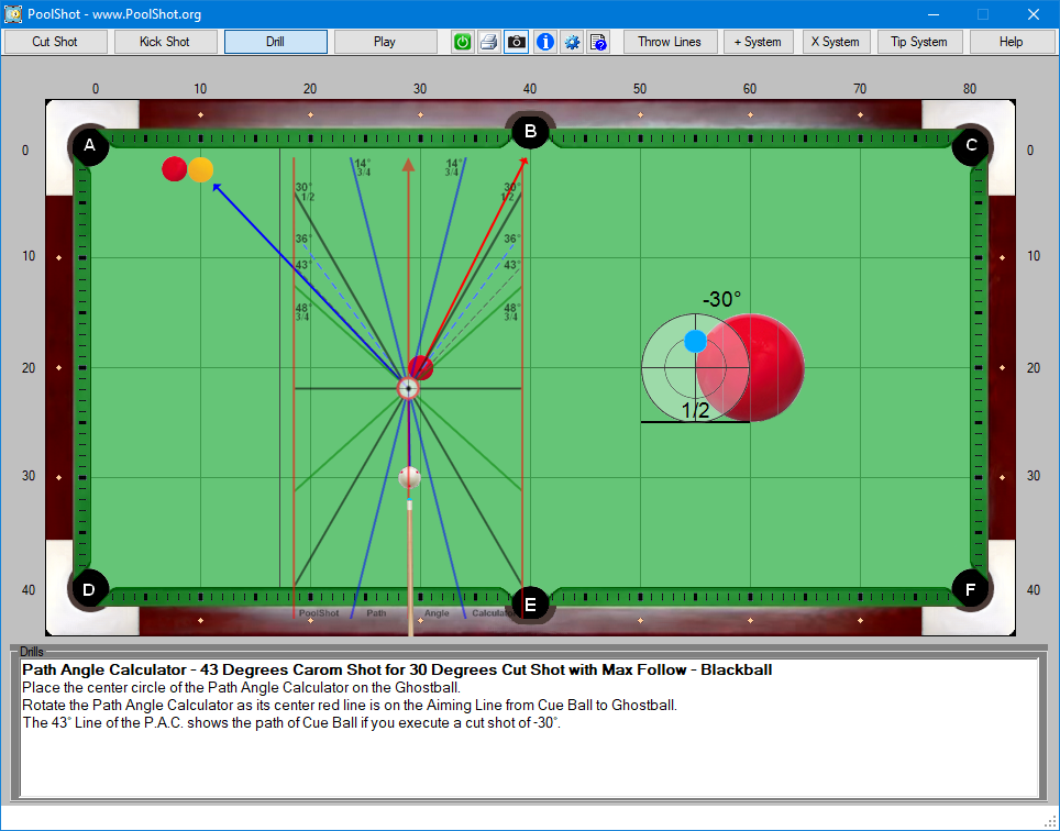 Path Angle Calculator - 43 Degrees Carom Shot for 30 Degrees Cut Shot with Max Follow - Blackball